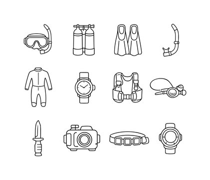Scuba Diving Gear. Minimalistic set one-line drawing scuba mask, oxygen tank, fins, snorkel, wetsuit, diving watch, buoyancy control device, regulator, diving