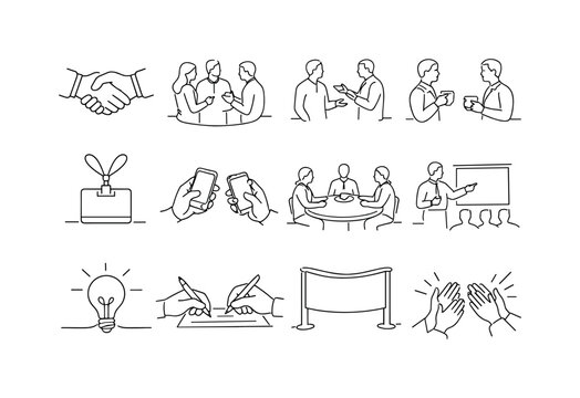 Business Networking Event. Minimalistic set one-line drawing handshake deal, group conversation circle, elevator pitch moment, coffee cup chat, name tag badge,