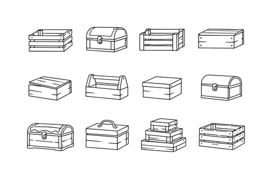 Rustic Wooden Containers. Minimalistic set one-line drawing plank storage box, wooden keepsake chest, farmhouse crate, timber box with nails, box with sliding