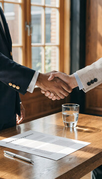 Hands shaking over real estate contract on wooden desk, home purchase agreement and business deal concept