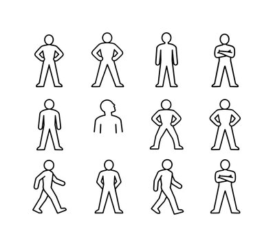 Confident stance. Line icon set of Confident stance: person standing tall, hands on hips pose, power pose silhouette, upright posture, crossed arms stance,