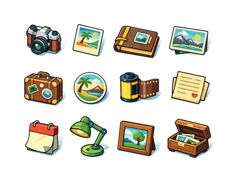 Nostalgic Photography. Colorful isometric vector icons set of Nostalgic Photography: old camera, faded photo print, memory album, postcard photo, vintage