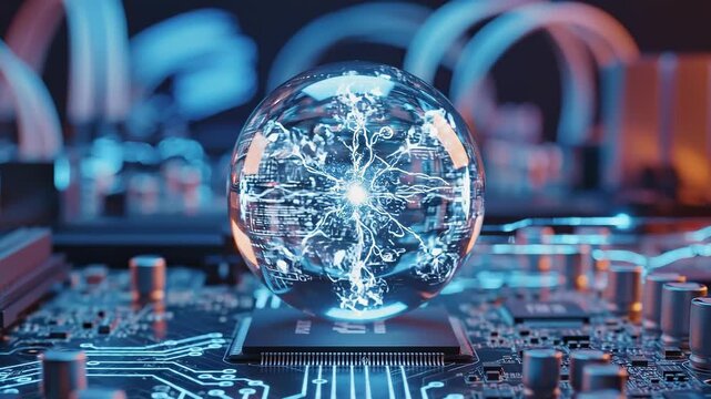 Quantum energy sphere pulsating on digital circuit board showing advanced ai technology.