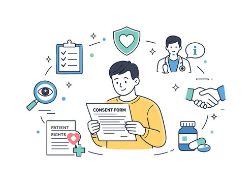 Patient Rights Awareness. A person reading a consent form while healthcare symbols appear around, highlighting transparency and informed decisions. Friendly