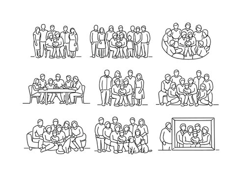 Generational Family Portrait. Minimalistic set one-line drawing [grandparents seated center, three generation lineup, large extended family group, baby held by