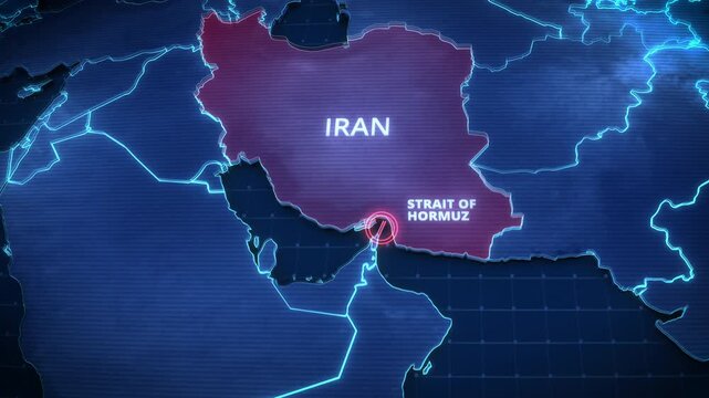 Map of Iran highlighting the Strait of Hormuz for geopolitical or maritime route presentations
