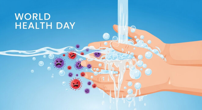 A vector graphic illustration of hands washing away germs on World Health Day