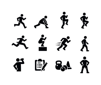 Sports Conditioning. Solid icon set of Sports Conditioning: warm-up run, dynamic stretch, high knees drill, butt kicks drill, bounding exercise, plyometric