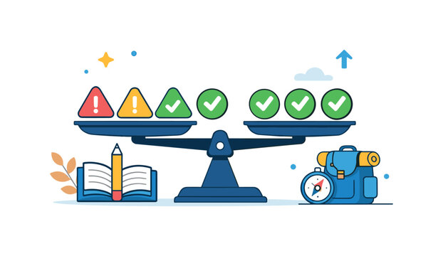 Crisis normalization expressed as a balanced scale with caution icons gradually replaced by neutral checkmarks. The scene highlights learning, preparedness and