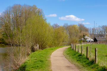 Fototapeta premium Spring landscape, Green grass meadow and trees, Nature path along the Kromme Rijn river (Crooked Rhine) in Rhijnauwen, Bunnik is a municipality and a village in the province of Utrecht, Netherlands.