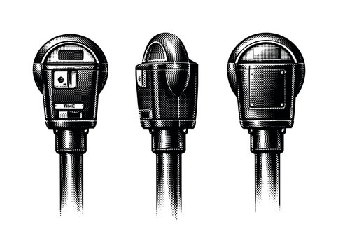 Parking meter pole-mounted structure. A realistic parking meter shown as one object in three different views, focusing on the connection between meter body and