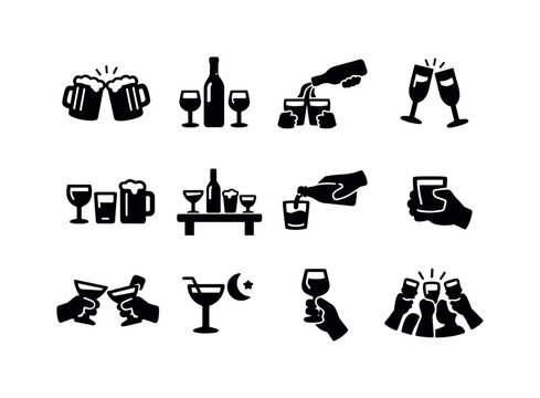 Social Drinking. Solid icon set of Social Drinking: cheers glasses, shared bottle, drink pouring to friends, clinking glasses, filled glasses set, party table