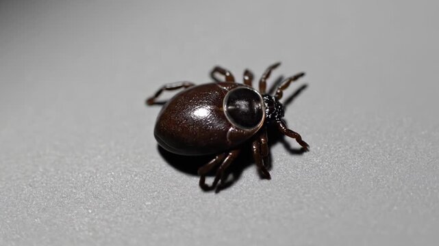 This video features a close-up shot of a tick crawling across a flat surface. The tick is small and brown, with a distinctive body shape and long, thin legs. The video provides a detailed look at the