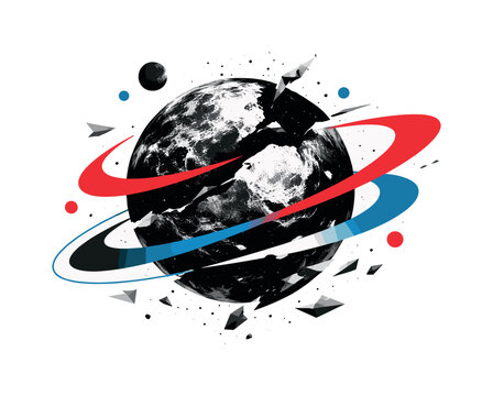 floating celestial sphere with fragmented edges and orbiting shapes, black and white planet with red and blue flat elements and balanced layered composition,