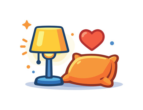 Home comfort improvement highlighting warmth, lighting, and a pleasant indoor atmosphere. A soft lamp glow, cushion, and small heart icon express coziness and