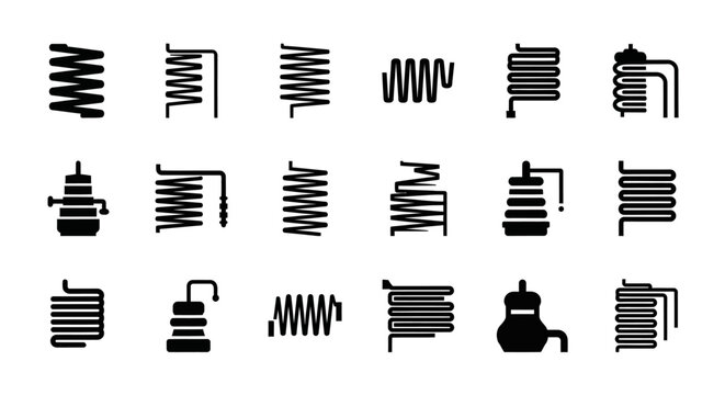 Coil spring icons, spring symbols, coil illustrations, mechanical icons, 20 black spring graphics