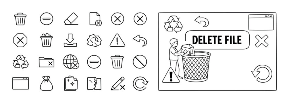 Delete file line icon set with document removal symbols, trash bin interface, file management elements, and digital cleanup concept. Minimal outline collection for recycle, erase, discard, archive, an