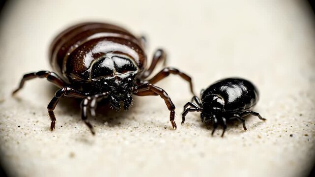 This video features a close-up view of a tick and a mite side by side on a white surface. The larger tick has a distinctive oval body with a brown and black coloration, while the smaller mite is shiny