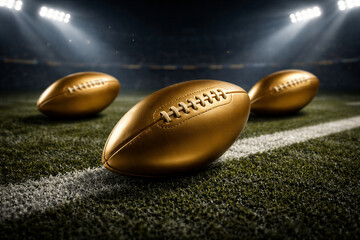 Fototapeta premium Golden Footballs On Illuminated Stadium Field