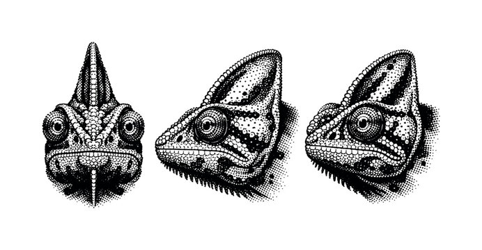 Veiled chameleon head study A realistic veiled chameleon head represented as one object in three views: frontal head view, side profile head view,