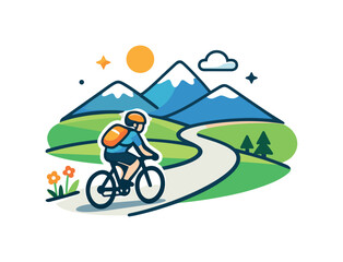 Fototapeta premium Scenic bike route a cyclist follows a gently curving path through fields and distant mountains, emphasizing discovery and appreciation of scenic landscapes.