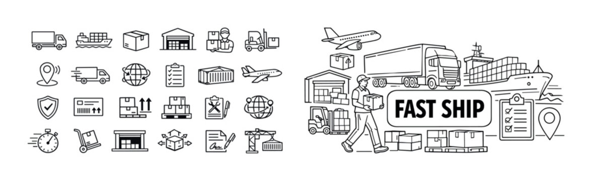 Fast ship line icon composition with cargo delivery symbols, freight transport elements, airplane, container vessel, and express shipping concept. Minimal outline collection for logistics, internation