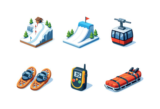 Winter Sports. Isometric flat vector icons set of winter sports: ski slope, snowboard jump, ski lift cabin, snowshoes, avalanche beacon, mountain rescue sled.