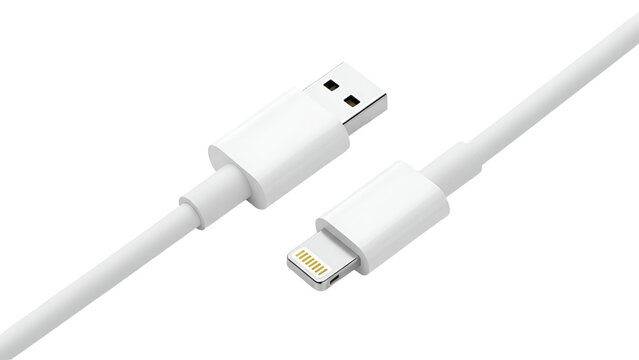 A white iPhone charging cable with USB connector on transparent background