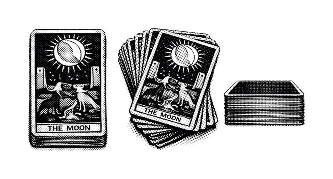 Tarot card deck A realistic tarot card deck with uniform rectangular cards, worn edges, and consistent thickness, shown in three views including stacked front