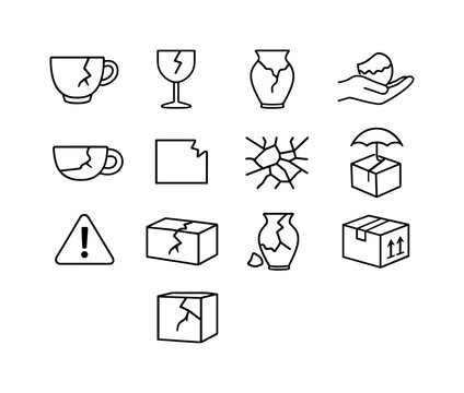 Fragile Objects. Line icon set of Fragile Objects: fragile cracked cup, broken glass warning, cracked ceramic item, delicate object crack, handle