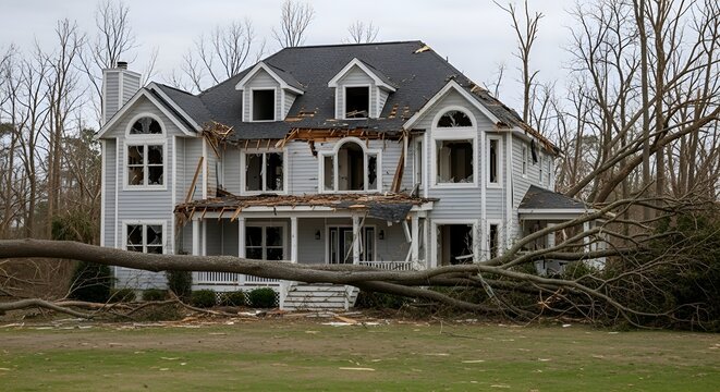 Large white house with damaged roof and broken windows after storm with fallen tree