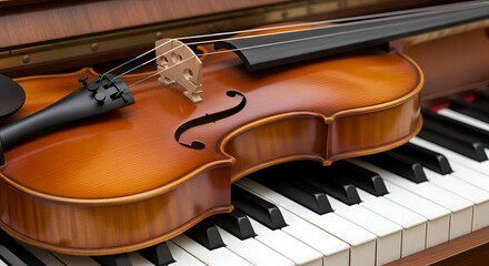 Fototapeta premium Violin on piano keyboard with brown wood grain and black keys musical instruments