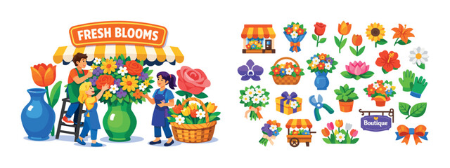 Fototapeta premium Fresh blooms isometric composition with florist shop elements, flower bouquet icons, blooming plants, decorative vases, and spring gardening concept. Colorful vector-style set for floral design, flowe