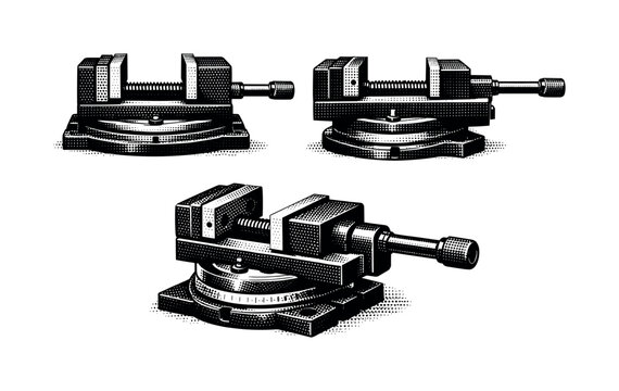 milling machine vise A precision milling vise presented in front, side, and angled views showing fixed and movable jaws, screw handle, and base alignment.