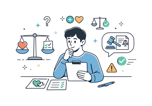 Bioethics Decision Making. A character thoughtfully reviewing medical documents and ethical guidelines, balancing choices between care and responsibility. Calm