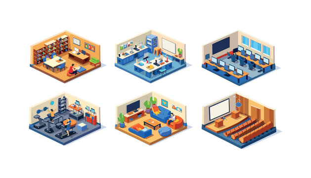 Campus facilities. Isometric flat vector icons set of Campus facilities: modern library interior, science laboratory room, computer lab workspace, campus gym