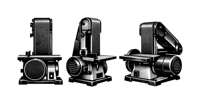 bench belt sander tool A bench belt sander shown in front view, side view, and three-quarter angle emphasizing the sanding belt loop, motor casing, and support