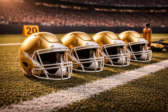 Golden football helmets lined up on turf