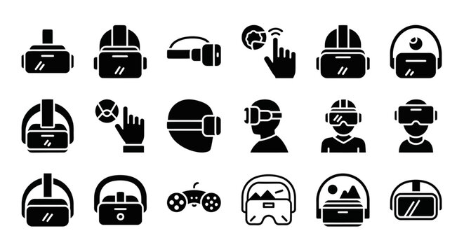 Virtual reality icons, VR headset symbols, gaming graphics, black vector illustrations, tech signs