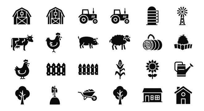 Farm icons, agriculture symbols, rural signs, black vector graphics, 25 icons set