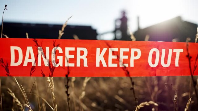 This shows a close-up of a red danger sign in a field with a blurred industrial background at sunset. The sign reads 'Danger Keep Out' in white letters.