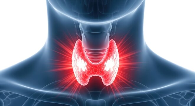 Thyroid gland inflammation, serious endocrine system disease, vital human anatomy medical condition, prominent neck organ health problem, pain awareness concept, diagnostic imaging representation,