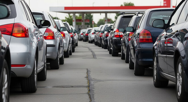 Car queue at gas station during fuel shortage. Long line of vehicles waiting for gasoline supply. Energy crisis and oil blockade concept. Transport problem and infrastructure disruption.