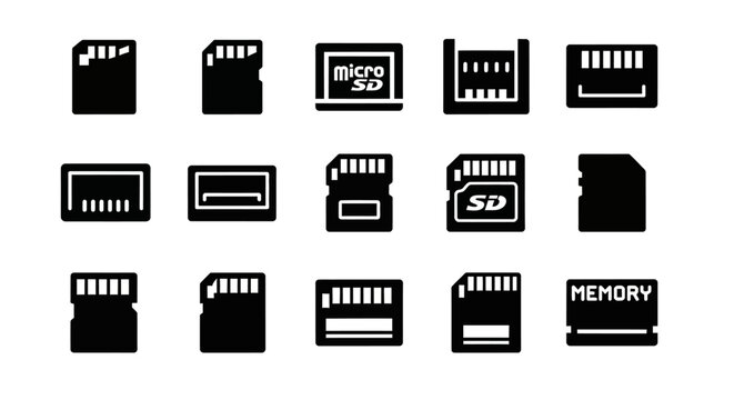 Memory card icons, storage symbols, SD card graphics, data storage illustrations, 15 black and white vector icons
