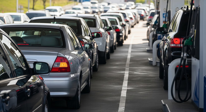 Long queue of car at petrol station during fuel shortage crisis. Traffic jam at gas pump station due to oil blockade and supply disruption. Global energy and economic crisis concept.