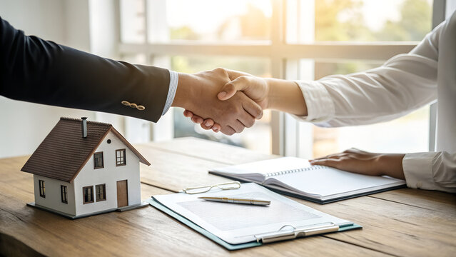 Hands shaking over real estate contract on wooden desk, home purchase agreement and business deal concept