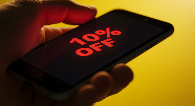 Discount in Hand: A hand delicately cradles a sleek smartphone, its screen ablaze with a vibrant 10% OFF notification, a compelling invitation to seize a special offer.