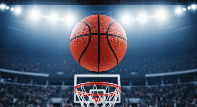 An orange basketball hangs suspended mid-air directly above a red and white net, perfectly positioned for a shot in a brightly lit professional indoor sports arena with a blurred enthusiastic crowd.