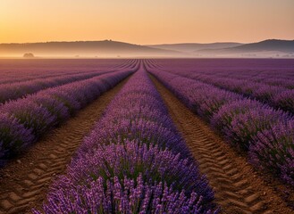 Obraz premium Lavender fields in neat rows glowing under a warm sunset with distant hills.