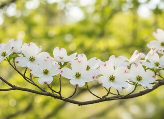 Obraz premium White dogwood flowers on a branch with green bokeh background.